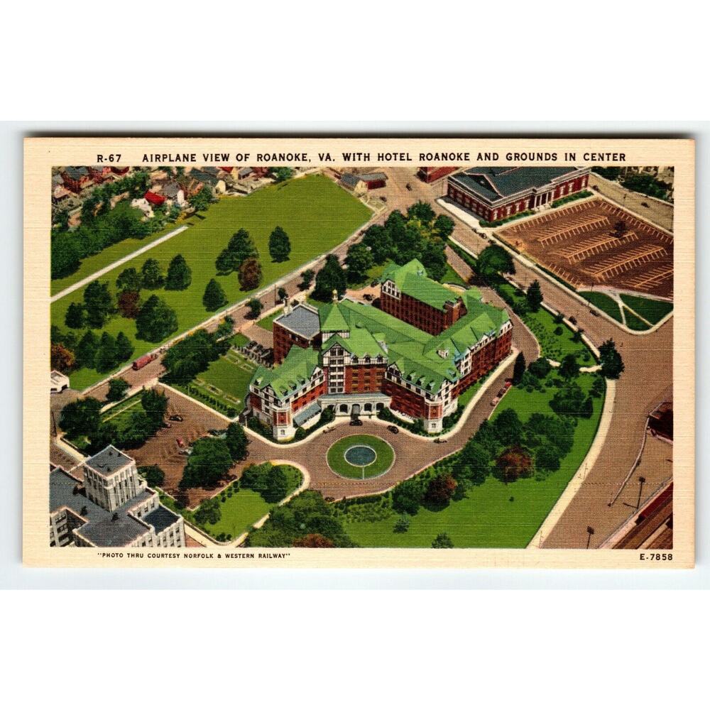 Airplane View Roanoke Virginia Postcard Linen Unused Hotel Grounds In Center
